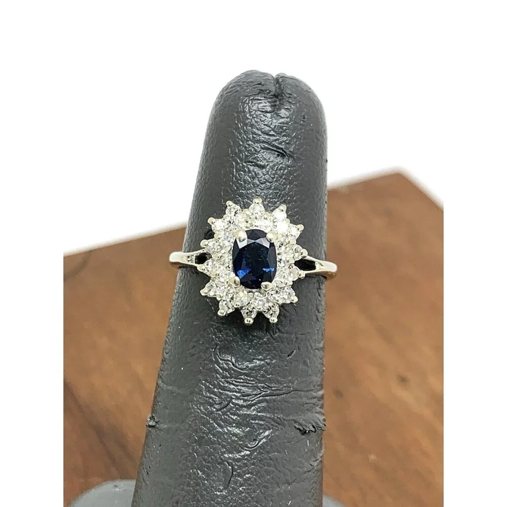 Blue Gemstone Diamond Cocktail Ring 14k White Gold Estate Women's Size 4.75